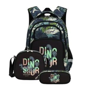 Dinosaur Print Kids Backpack Set - Black and Green